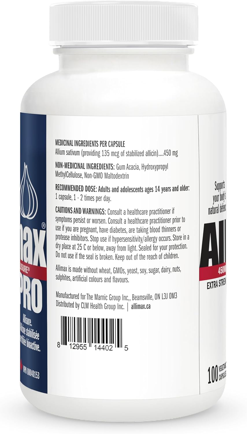 ALLIMAX PRO 450mg Allicin Capsules – Stabilized Allicin Supplement from Garlic, for Immune Support & Heart Health, Odour-Free, Non-GMO – 100 Vegan Capsules