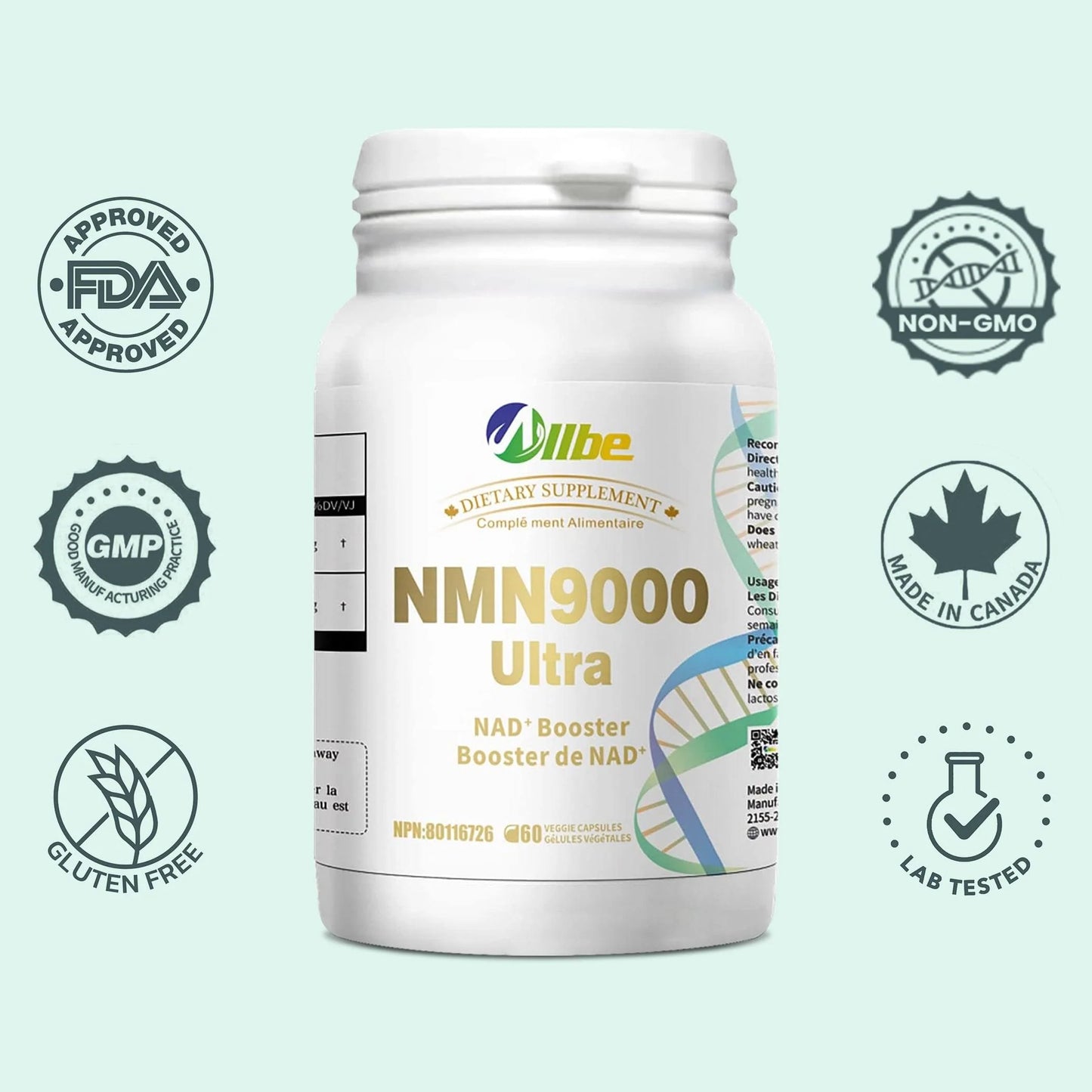ALLBE NMN 9000 Ultra | 60 Capsules | 99% Purity Nicotinamide Mononucleotide 150 mg Servings | NAD+ Booster Supplement for Cellular Energy Metabolism, Immunity and Aging