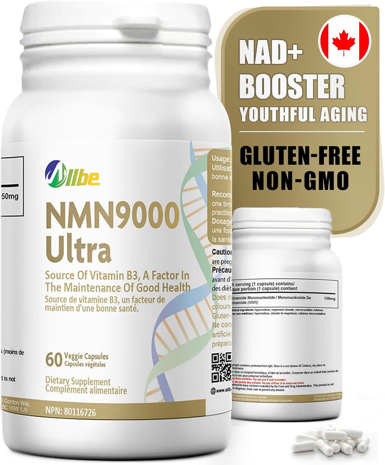 ALLBE NMN 9000 Ultra | 60 Capsules | 99% Purity Nicotinamide Mononucleotide 150 mg Servings | NAD+ Booster Supplement for Cellular Energy Metabolism, Immunity and Aging